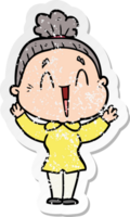 distressed sticker of a cartoon happy old lady png