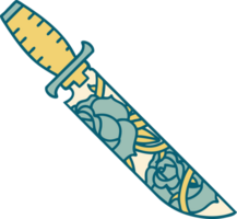 iconic tattoo style image of a dagger and flowers png