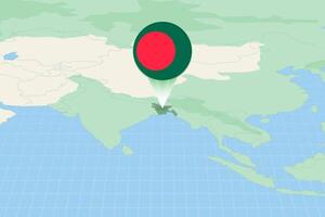 Map illustration of Bangladesh with the flag. Cartographic illustration of Bangladesh and neighboring countries. vector