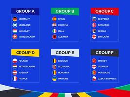 All Flags of European football tournament 2024 participants sorted by group on blue background. vector