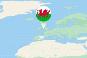 Map illustration of Wales with the flag. Cartographic illustration of Wales and neighboring countries. vector