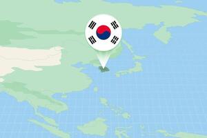 Map illustration of South Korea with the flag. Cartographic illustration of South Korea and neighboring countries. vector