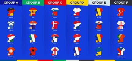 Football jerseys and football ball with flag of football 2024 competition participants sorted by group. vector