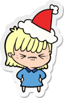 irritado mano dibujado pegatina dibujos animados de un niña vistiendo Papa Noel sombrero png