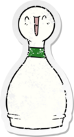 distressed sticker of a cartoon happy bowling pin png