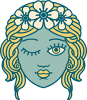 iconic tattoo style image of a maidens face winking png