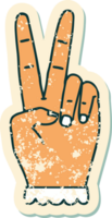 grunge sticker of a peace symbol two finger hand gesture png