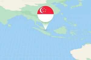 Map illustration of Singapore with the flag. Cartographic illustration of Singapore and neighboring countries. vector