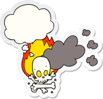 cartoon spooky burning bones with thought bubble as a printed sticker png