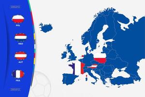 Map of Europe with marked maps of countries participating in group D of the European football tournament 2024. vector