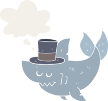 cartoon shark wearing top hat with thought bubble in retro style png