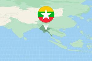 Map illustration of Myanmar with the flag. Cartographic illustration of Myanmar and neighboring countries. vector