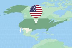 Map illustration of USA with the flag. Cartographic illustration of USA and neighboring countries. vector
