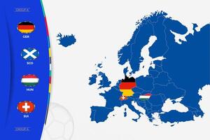 Map of Europe with marked maps of countries participating in group A of the European football tournament 2024. vector