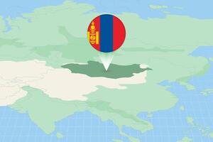Map illustration of Mongolia with the flag. Cartographic illustration of Mongolia and neighboring countries. vector