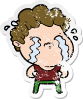 distressed sticker of a cartoon man crying png