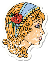 Distressed Sticker Tattoo im traditionellen Stil eines Zigeunerkopfes png