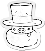 distressed sticker of a cartoon pig wearing top hat png
