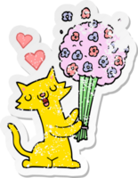 distressed sticker of a cartoon cat in love with flowers png