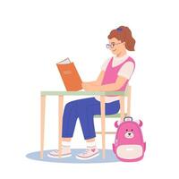 Schoolgirl in class or in an exam thinking about how to do her assignments. Smiling girl sitting at desk in classroom during lesson. Flat illustration on white background vector