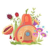 Cottagecore composition with pumpkin house, mushrooms, flowers. fairytale house with fungi and toadstools in cartoon style. Forest magic illustration surreal design with fun cottage and thistle vector