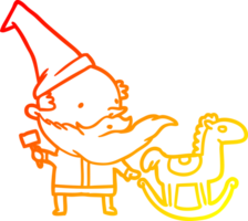 warm gradient line drawing of a santa or elf making a rocking horse png