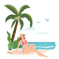mujer broncearse, relajante debajo el palma en playa día festivo. hermosa niña en sombrero en trajes de baño, emocionado acerca de verano vacaciones en tropical playa. plano ilustración aislado en blanco antecedentes vector