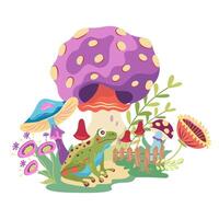 Cottagecore aesthetic composition with mushrooms and frog. fairy design with fly agaric in cartoon style. Cottage core style illustration surreal design with fun frog, fungi and toadstools vector