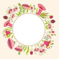 Cottagecore round frame with pink wild flowers. card with fairy plants in cartoon style on light yellow background. Lovely hand drawn floral illustration surreal vintage design 60s, 70s style. vector