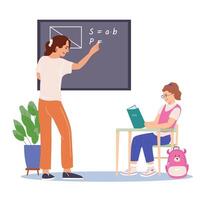 Educational process, learning concept. Young female elementary school teacher helping in learning to girl pupil schoolgirl during lesson at school Colored flat illustration isolated vector