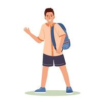 sonriente linda colegial con un mochila es Listo a Vamos a escuela. Adolescente chico ondulación su mano a amigos y compañeros de clase en saludo. plano ilustración aislado en blanco antecedentes vector