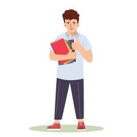 Smiling cute school boy with books ready to go to school. Happy boy showing thumb up, cool, leaves a positive feedback. Flat illustration isolated on white background vector