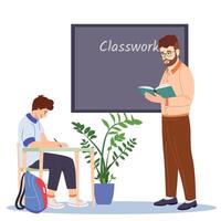 Educational process, learning concept. Young elementary school teacher helping in learning to boy pupil schoolboy during lesson at school Colored flat illustration isolated vector