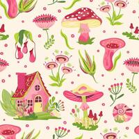 Bright pink groovy cottagecore seamless pattern with house and mushrooms on light yellow background. Retro surreal wallpaper with fun fungi and toadstools, agaric. Vintage design 60s, 70s style. vector