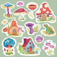 set of cute vintage cottagecore mushrooms and flowers stickers. Fairy frog, fly agaric, fungi and toadstools, fairy tale houses cartoon illustrations. Magic forest elements Goblincore aesthetic vector