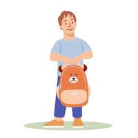 contento niño yendo a colegio para el primero hora con un bolsa para la escuela. colegial es contento con su nuevo mochila. de colores plano ilustración de inteligente niño aislado en blanco antecedentes vector