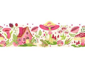 Cottagecore seamless border with house, mushrooms, flowers. fairy tale with fly agaric in cartoon style. Forest magic illustration surreal design with fun cottage, fungi and toadstools vector