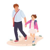 Young dad leading girl kid to school, holding by hand. Father and daughter going together. Happy girl with backpack walking with man parent. Flat illustration isolated on white background vector
