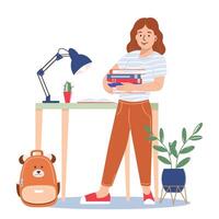 Cute schoolgirl puts books in backpack. Kid getting ready for school. Smiling girl at her room. character illustration of elementary school education, studying lessons, childhood, lifestyle vector