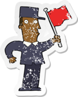 retro distressed sticker of a cartoon man waving flag png