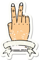 Retro Tattoo Style victory v hand gesture with banner png