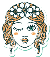 iconic distressed sticker tattoo style image of a maidens face winking png