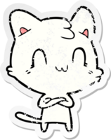 distressed sticker of a cartoon happy cat png