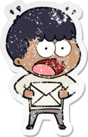 distressed sticker of a cartoon shocked man holding envelope png