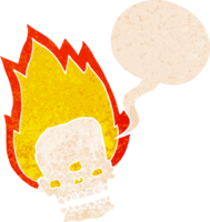 spooky cartoon flaming skull with speech bubble in grunge distressed retro textured style png