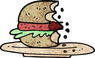 grunge getextureerde illustratie tekenfilm voor de helft gegeten hamburger png