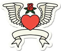 tattoo style sticker with banner of a heart with wings png