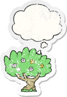 dibujos animados árbol con pensamiento burbuja como un afligido desgastado pegatina png