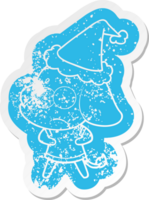 quirky cartoon distressed sticker of a unsure elephant wearing santa hat png