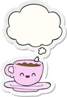 cartoon hot cup of coffee with thought bubble as a printed sticker png